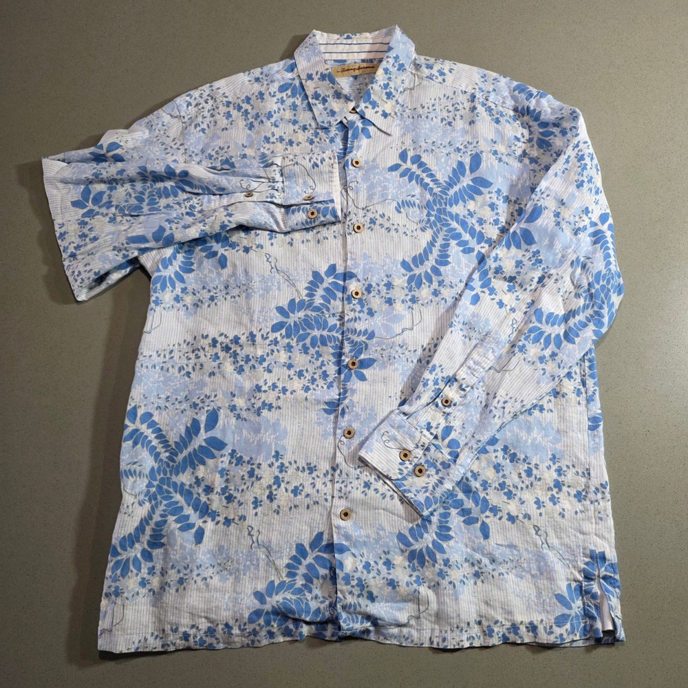 Tommy Bahama Mens Large Blue White Floral Leaf 100% Linen Long Sleeve Shirt